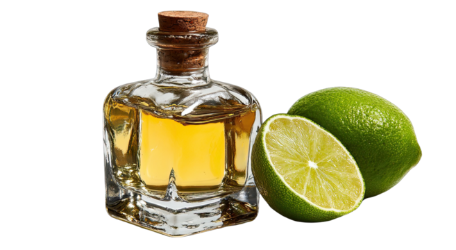 Small, square glass bottle of amber liquid, with a cork stopper, next to two whole limes