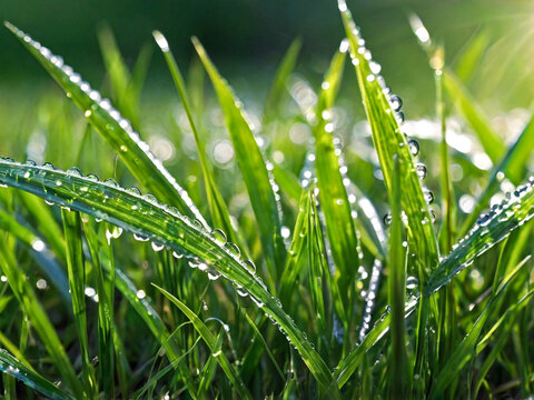 Fresh green grass dew drops morning sunlight