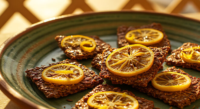 Moroccan Preserved Lemon Crackers flaxseed crisps with 6-month fermented lemons - visible zest flecks and cumin seeds 