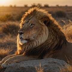 "A majestic lion resting on a rock in the African savanna during golden hour, wind gently moving its mane, photorealistic fur and lighting, 8K resolution"