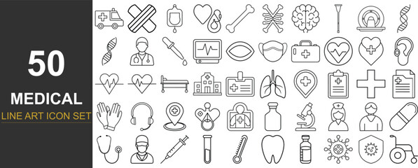 50 Clean Line Art Icons Covering Healthcare Services, Emergency Tools, Medical Staff, Digital Health, Vaccines, and Laboratory Equipment for Apps, Infographics, and Educational Use
