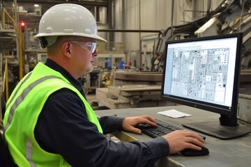 middle-aged man wearing a white hard hat and a bright lime green safety vest over a light-colored, collared shirt. He is focused on a computer 