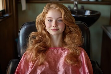 ight-skinned woman, likely in her twenties, sits in a salon chair ,  pleasant, smiling  iin a professional hair salon ears a shiny, vibrant, wearing hot pink hair cape