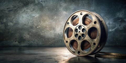 Obraz premium Old film reel spinning on a grey background with subtle cinematic texture, reel, grey background