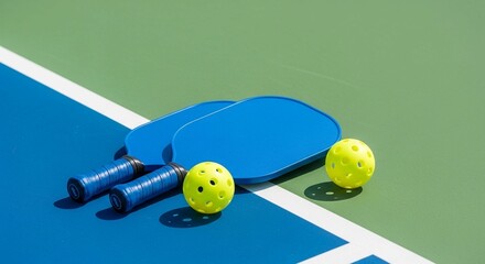 Essential pickleball equipment: a single blue paddle and two distinctive yellow balls.
