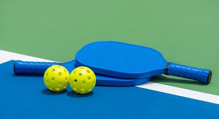 An angled view of a blue pickleball paddle and two yellow balls on a playing field.
