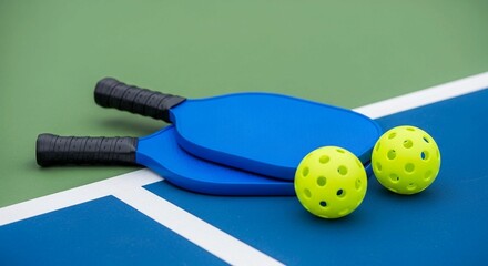 Leisurely game setup: a striking blue pickleball paddle with two luminous yellow balls.
