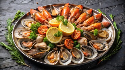 A beautifully arranged seafood platter showcasing grilled shrimp, accompanied by a variety of seafood delicacies such as oysters, scallops and smoked salmon , scallops, grilled shrimp