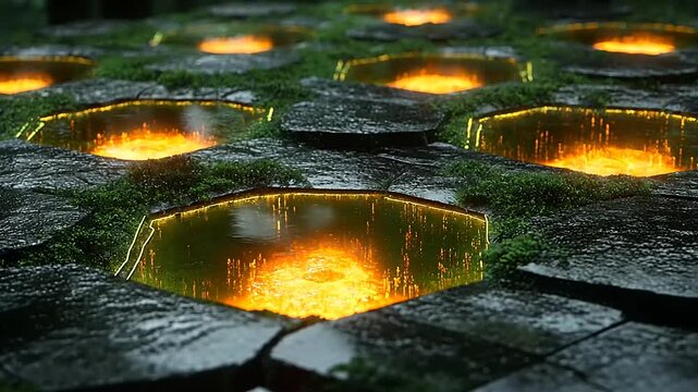 Mystical hexagonal stone path illuminated by golden light in a lush forest environment