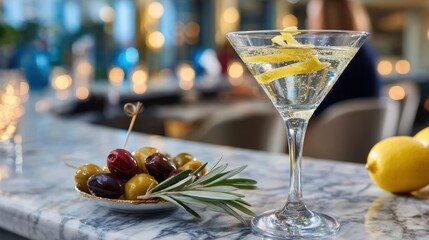 Elegant martini with olive garnish on marble bar counter