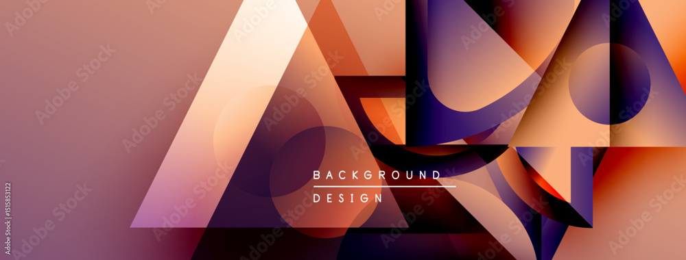 Poster abstract geometric shapes overlap, creating dynamic visual effect. warm colors dominate, with purple