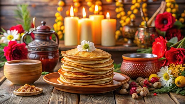 Pancakes with butter and honey on a wooden table, surrounded by candles and flowers, in the background a blurred image of traditional Russian architecture, maslenitsa pancakes, russian holiday food