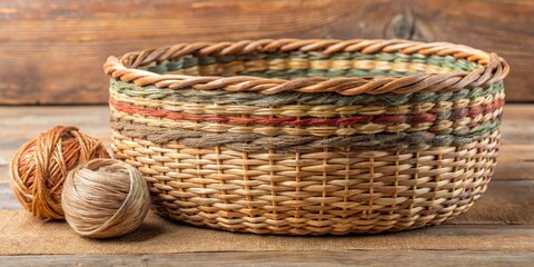 Obraz premium Handwoven basket with natural fiber threads and earthy tones, weave, handmade, weave, handmade, knit, pattern, earthy