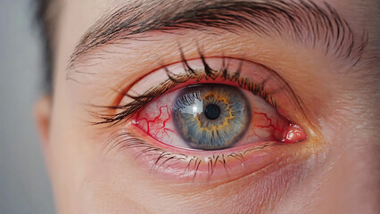 Close up off conjunctivitis infeced red eye, Red eye suffering from allergy. Conjunctivitis or other eye disease concept
