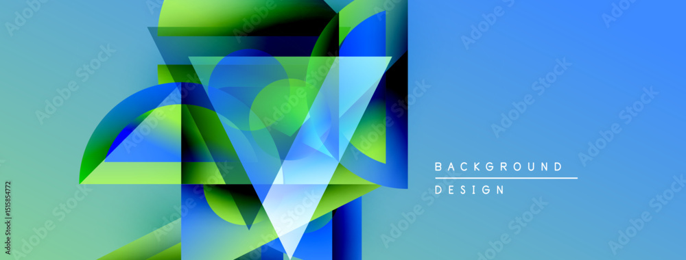 Poster abstract geometric shapes overlap, creating vibrant blue, green gradients. modern design elements su