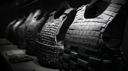 Row of tactical body armor vests displayed in dark setting.