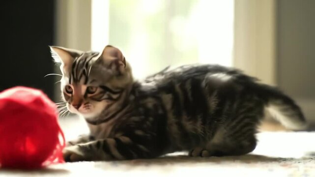 Adorable tabby kitten playfully batting a red ball of yarn indoors in natural light