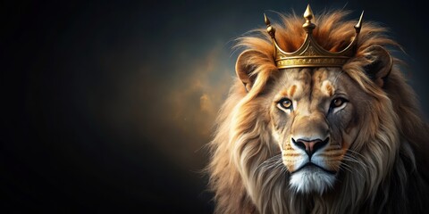 Fototapeta premium Regal lion with golden crown on a dark mysterious background, royal symbol, black background