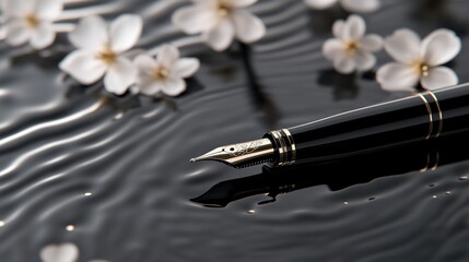 Naklejka premium Elegant fountain pen tip resting on rippled water with flowers.