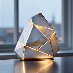 Minimalist white kinetic structure with gold inlay illuminated by soft white and warm LED strips...