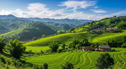 Obraz premium Stunning Panoramic View of Lush Green Rice Terraces and Mountains