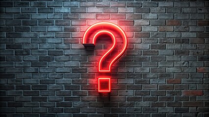 A bright red question mark is illuminated on a dark grey brick wall, casting an eerie glow , bold, shadowy,  bold