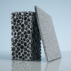 Aluminum metal foam block and flat panel, standing vertically on a glossy surface against a clean gradient blue background. The block displays a cellular open-cell structure with round pores