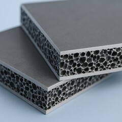Aluminum metal foam sandwich panels, stacked diagonally, showing smooth flat outer surfaces and a porous metallic foam core. The cut reveals uniform open-cell structure inside