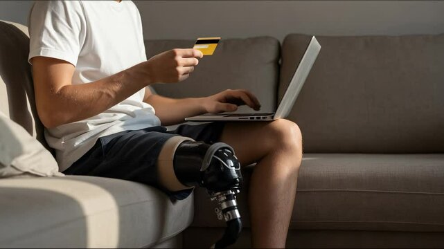 Young man with prosthetic leg sitting comfortably on home sofa, purchasing online using laptop and credit card, demonstrating independence and technological accessibility