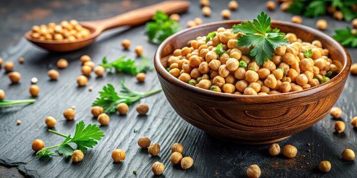 Chickpeas in a bowl with scattered cumin seeds and coriander leaves