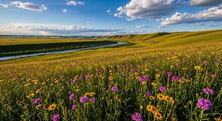 Fototapeta premium Serene Prairie Landscape Vibrant Wildflowers and Rolling Hills