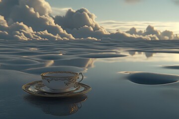 Delicate teacup on a placid, reflective sea, with fluffy clouds in the background