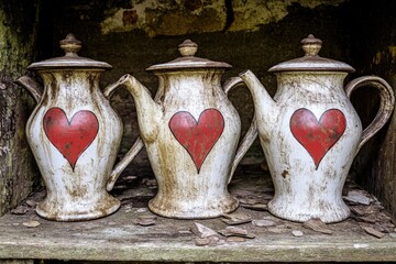 Antique teapots with heart motifs