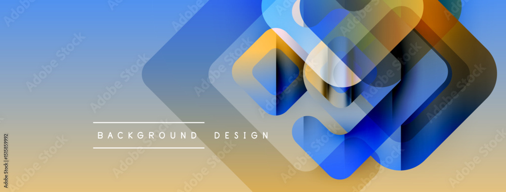 Poster Abstract geometric shapes overlap, creating layered visual effect. Blue, gold gradients dominate composition. Minimal text present.