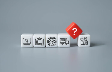 Icon with white and red cube for difficulty of doing global business. Challenge from uncertainty and legal compliance. Taxes for international  trade between countries. World economy.