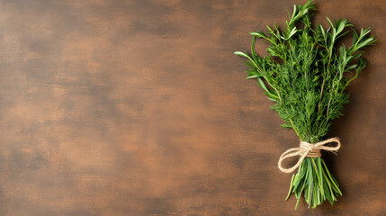 Fresh herb bundle tied with twine on rustic background evokes sense of nature and simplicity