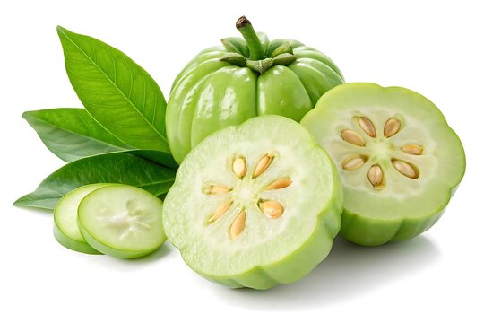 Fresh garcinia cambogia fruit with leaves isolated on white background