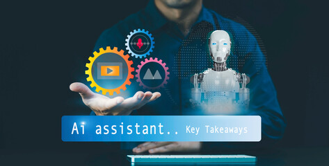 AI assistant interaction concept. User interacting with virtual  AI agents, Key Takeaway, icons for voice, text, image, video generation,  productivity tools, chatbot, intelligence communication