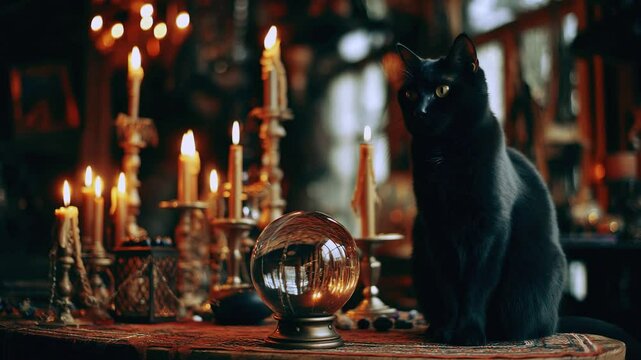 Halloween background and black cat scary spooky and creepy horror holiday superstition evil animal and jack lantern. Spooky horror setting with crystal ball and burning candles. Happy Halloween