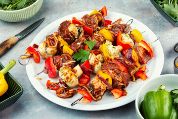 Raw meat skewers, fresh, ready-to-cook.