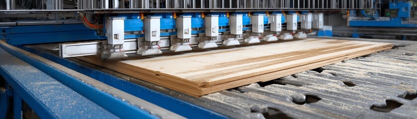Modern industrial woodworking machine cutting plywood sheets efficiently.