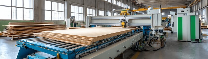 Woodworking machinery in large factory with piled wooden boards.