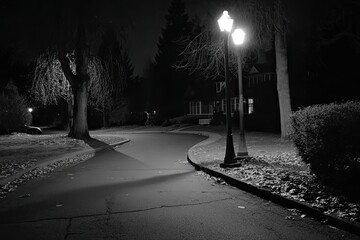 Tranquil Nighttime Scene with Lamplit Curved Pathway