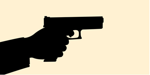 Silhouette of hand holding gun on black concept. Icon of sign shooting area. Vector illustration.