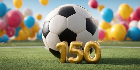  Fußball mit goldener Zahl 150 und Luftballons auf Rasen – Jubiläumsfeier