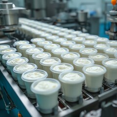 Production line of yogurt cups in a factory setting with equipment and containers.