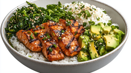 Fototapeta premium Grilled salmon with avocado, rice, and greens in bowl creates delicious meal