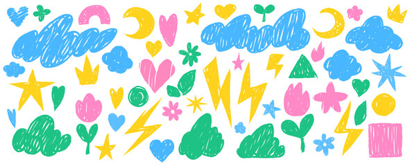 Plakat Crayon doodle sticker set - colorful childish scribbles of hearts and stars, clouds and flowers, lightning bolts and simple geometric shapes. Cute decorative sketchy forms for kids design projects.