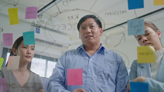 Creative Asian Business people meeting and use sticky notes on glass wall.Planning,trianning,share idea,business marketing strategy,innovation and teamwork decision with sticky notes in modern office