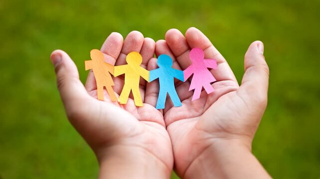 Hands carefully holding a small chain of colorful paper people, symbolizing unity, diversity, and inclusion, against a blurred green background